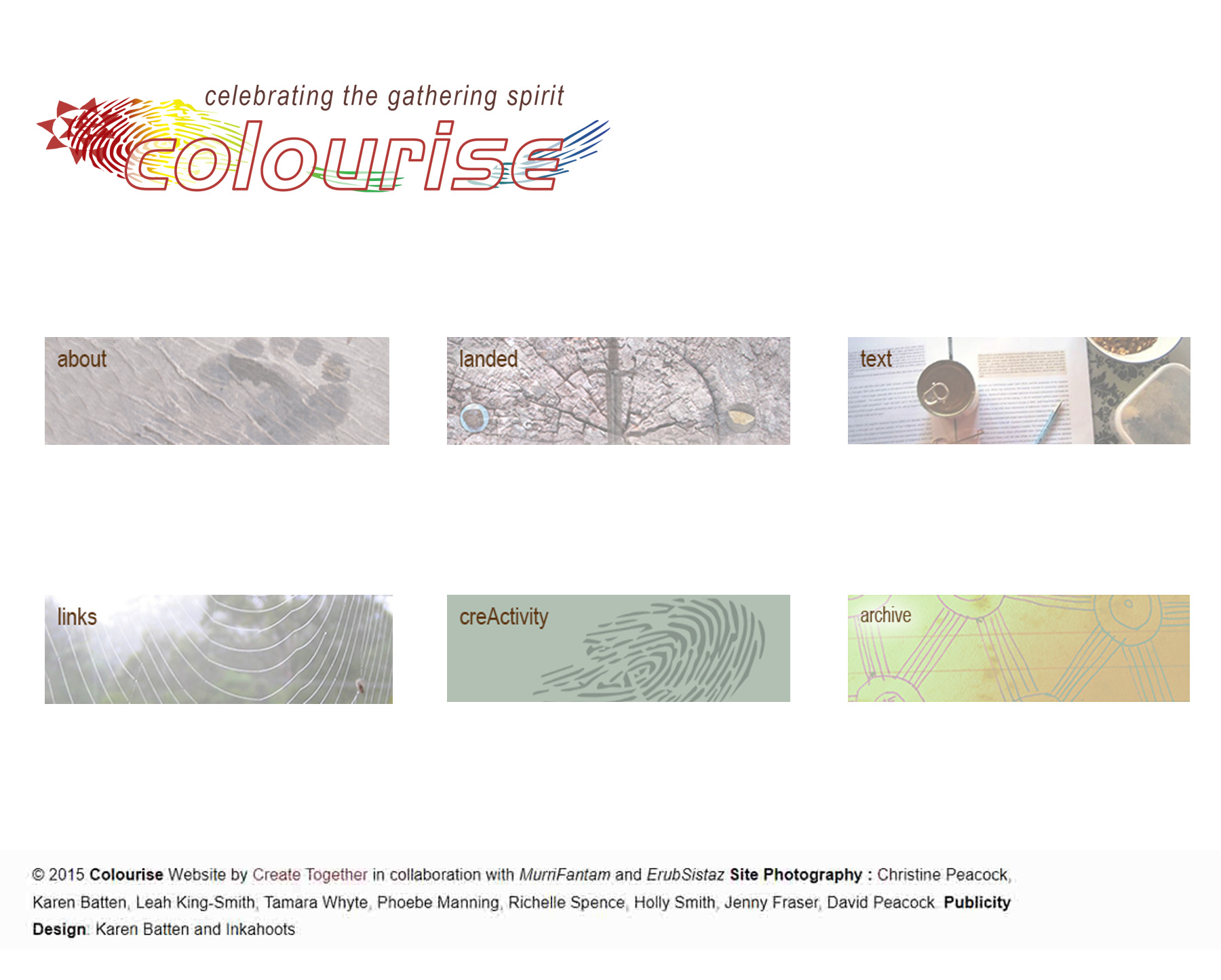Colourise website home page, with the colourful Colourise logo and six tiles: about, landed, text, links, creActivity and archive