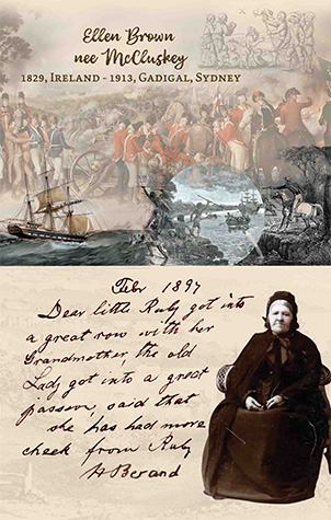Booklet page on Ellen Brown, born McCluskey in Ireland, with a painting of soldiers and a ship, a letter and her portrait