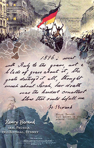 Booklet page on Henry Berand, born in Prussia, with a painting of a flag uprising, a handwritten note and his portrait