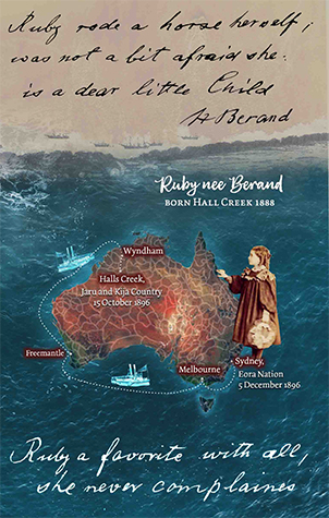 Booklet page on Ruby Berand, born 1888, with a map of so-called Australia tracing her sea journey, and a girl beside it