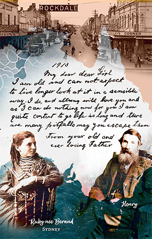 Booklet page with a 1913 letter from Henry Berand to his daughter Ruby, with portraits of both and an old Rockdale street