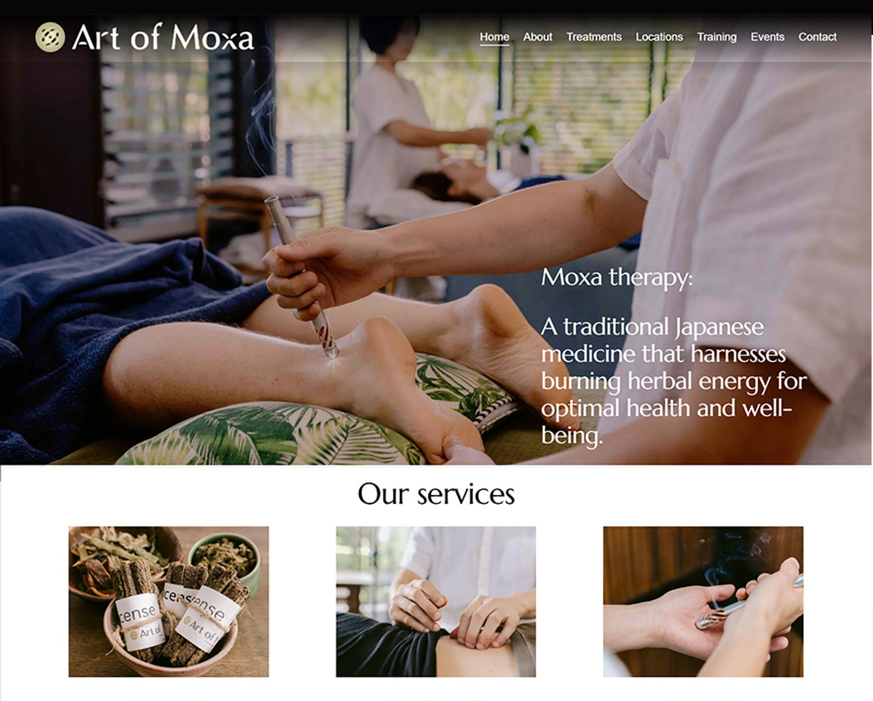 Art of Moxa website home page with a moxa treatment photo and the words “moxa therapy, a traditional Japanese medicine”
